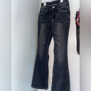 SHEIN Women's Bell-Bottoms Denim Pants With Washed Effect And Angled Pockets